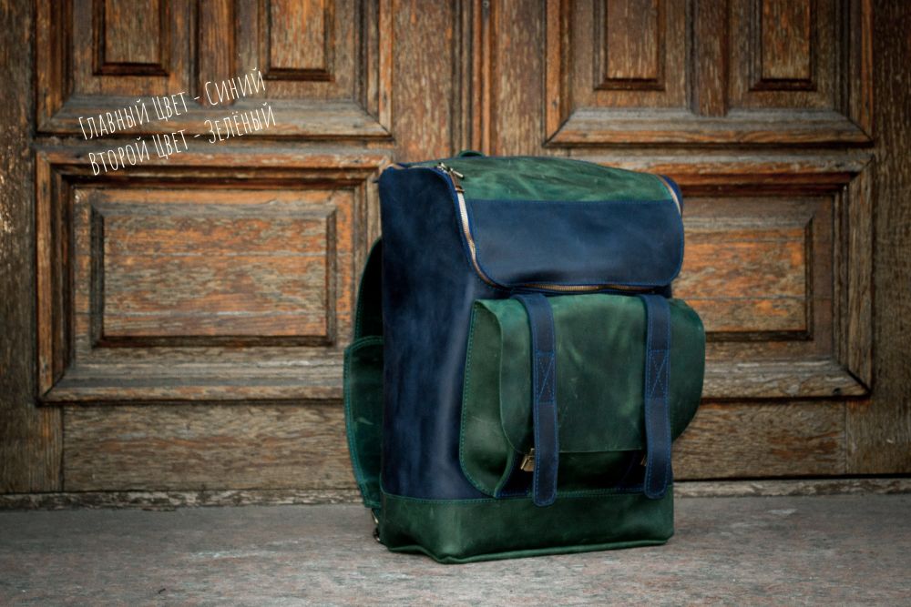 Кожаный мужской спортивный рюкзак зеленого цвета